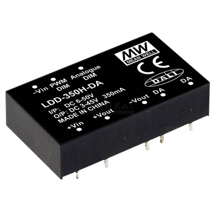 Modulo elettronico MEAN WELL, modello LDD-350H-DA, per la regolazione della tensione. Ingresso: DC 6-35V, Uscita: DC 3-25V, 350mA.