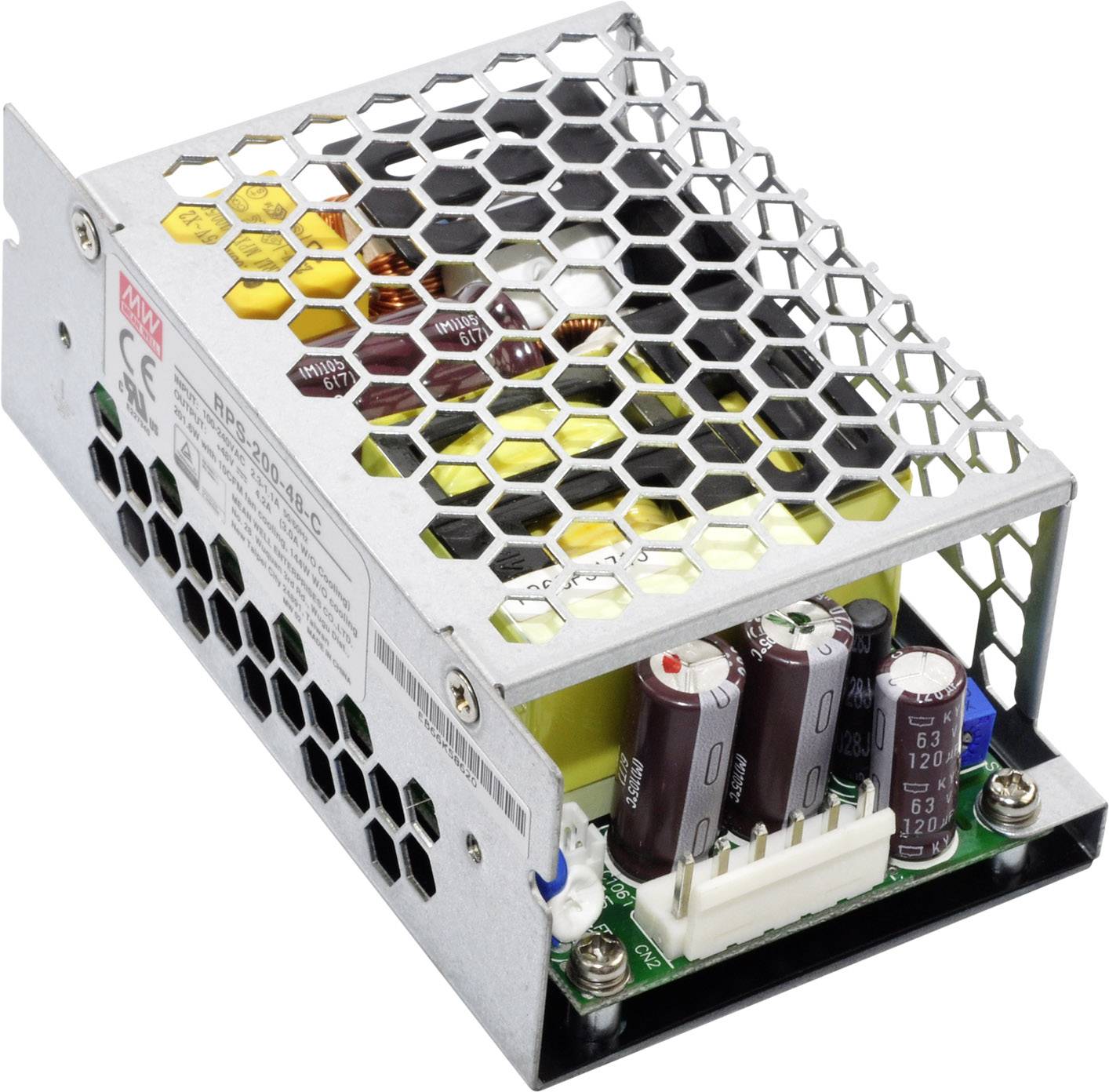 Un alimentatore rettangolare aperto con componenti elettroniche visibili e una copertura metallica a nido d'ape sulla parte superiore.