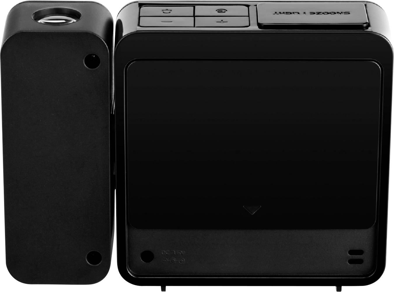 Un dispositivo nero e rettangolare con tasti e un display sulla parte superiore. Accanto a sinistra, un altro componente più stretto.