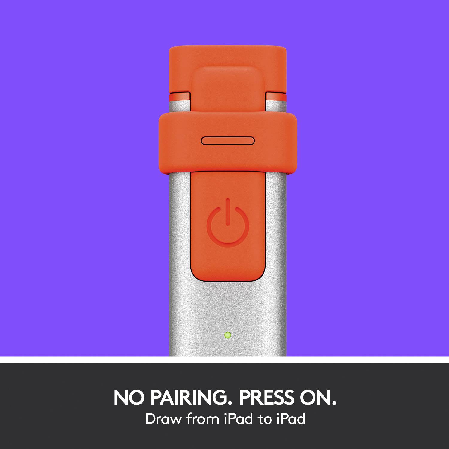 Un pennarello arancione su sfondo viola con il testo: Nessun pairing. Si parte. Disegnare da iPad a iPad.