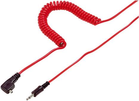 Un cavo audio rosso a spirale termina con un connettore jack da 3,5 mm e un connettore ad angolo di 90 gradi.