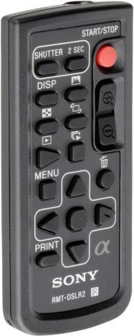 'Telecomando nero Sony RMT-DSLR2 con tasti per operazioni fotocamera come otturatore, menu e funzione di scatto.'