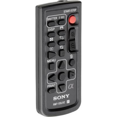 'Telecomando nero Sony RMT-DSLR2 con tasti per operazioni fotocamera come otturatore, menu e funzione di scatto.'