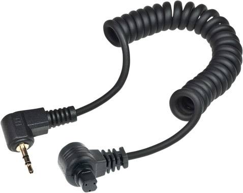 Cavo Aux nero, a spirale, con due connettori ad angolo, adatto per connessioni audio in dispositivi elettronici.