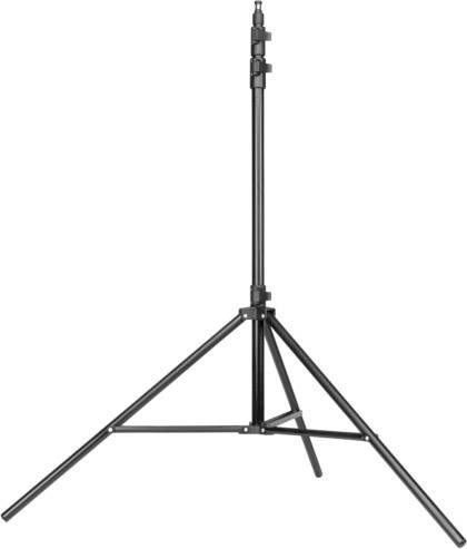 Treppiede nero, a tre gambe, in metallo. Altezza regolabile, adatto per fotocamere o attrezzature di illuminazione.