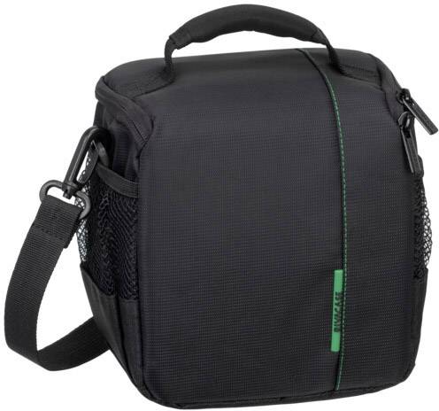 Borsa nera per fotocamera con manico, tracolla e striscia verde. Tasche laterali in rete visibili. Ideale per attrezzatura fotografica.