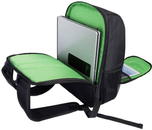 Uno zaino nero con fodera interna verde, parzialmente aperto, mostra un notebook riposto al suo interno.