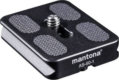 Piastra a sgancio rapido 'mantona AS-50-1' in metallo con superficie antiscivolo e chiusura a vite per il fissaggio di fotocamere.