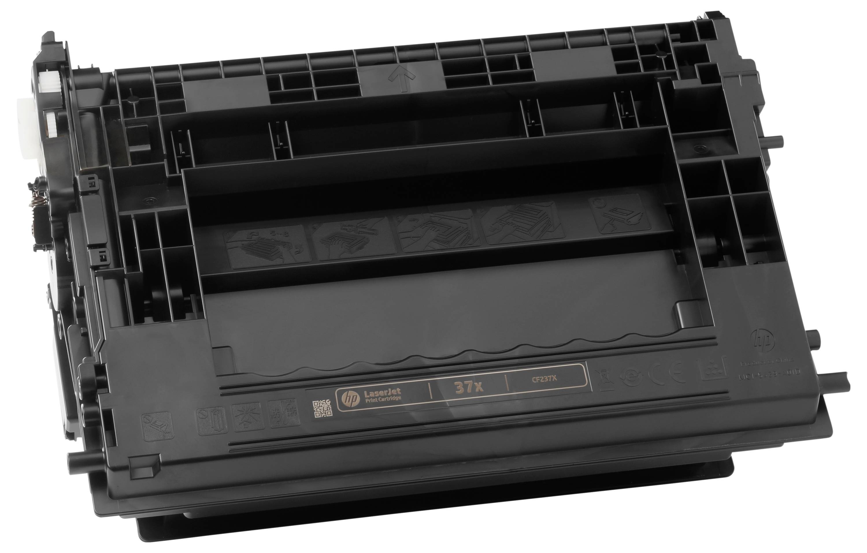 Cartuccia di toner per stampante nera mostrata su uno sfondo bianco, inclinata per visualizzare l'etichetta frontale e l'hardware di montaggio.