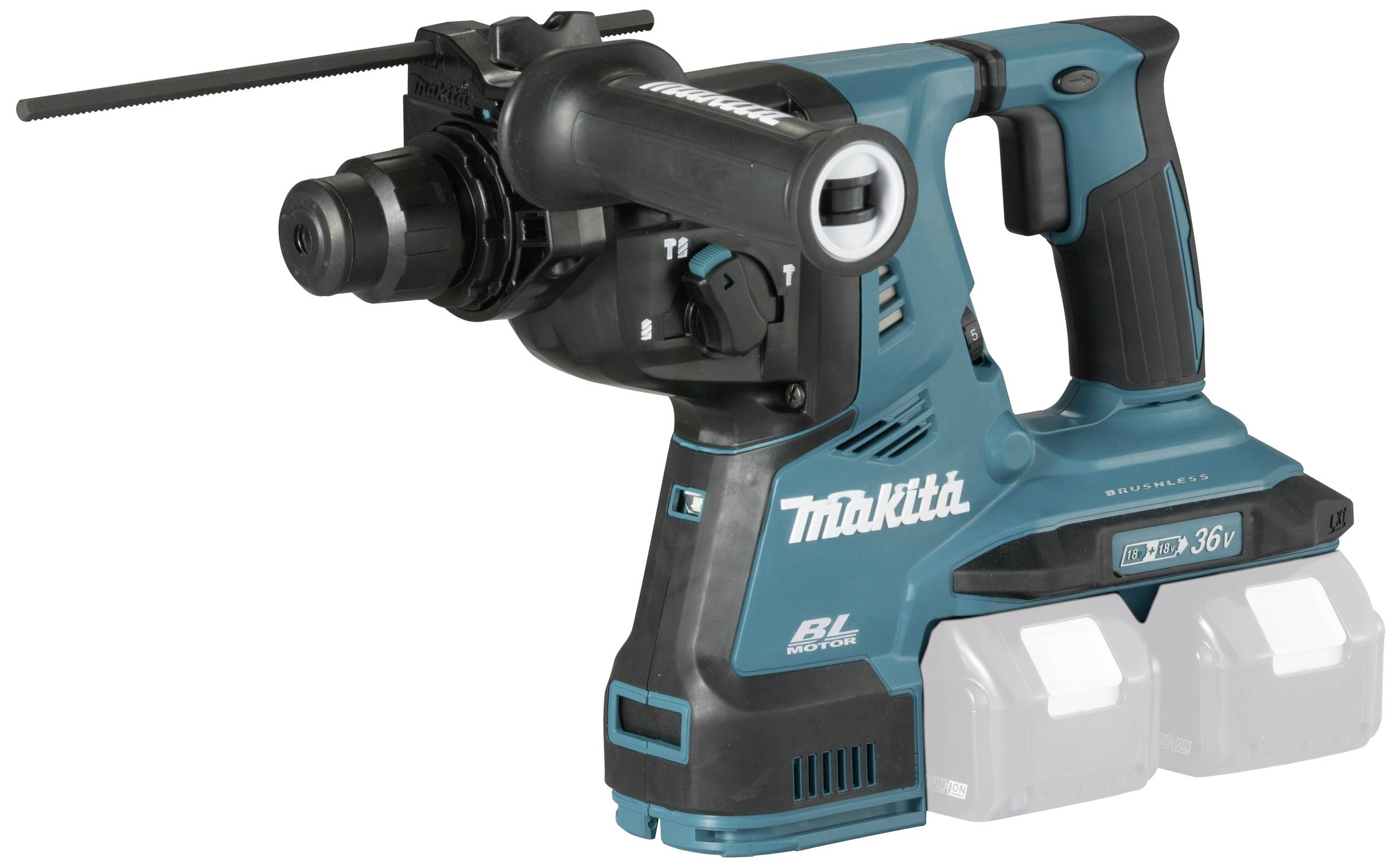 Un martello perforatore wireless in blu con due batterie, utilizzato per lavori edili o di ristrutturazione. Logo Makita visibile.