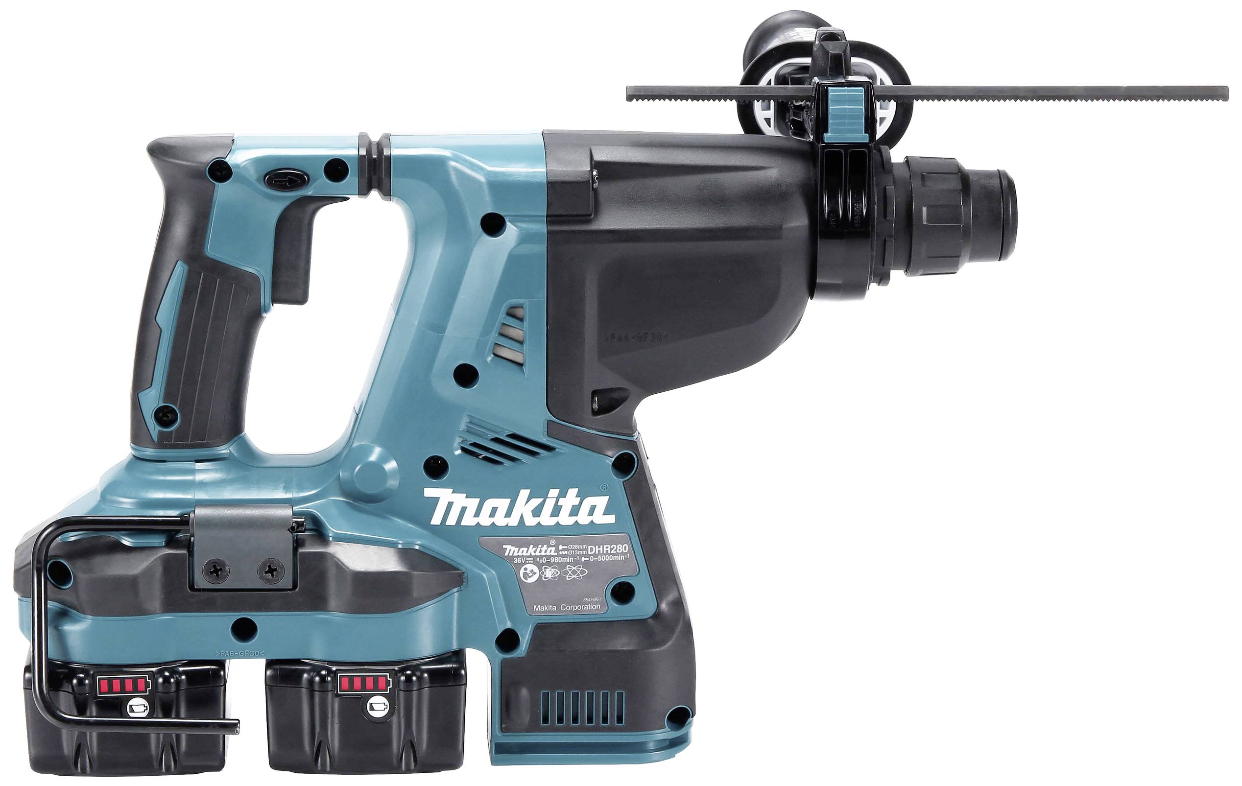 Un martello perforatore senza fili blu Makita con due batterie e supporto per utensili, ideale per lavori edili e di ristrutturazione.