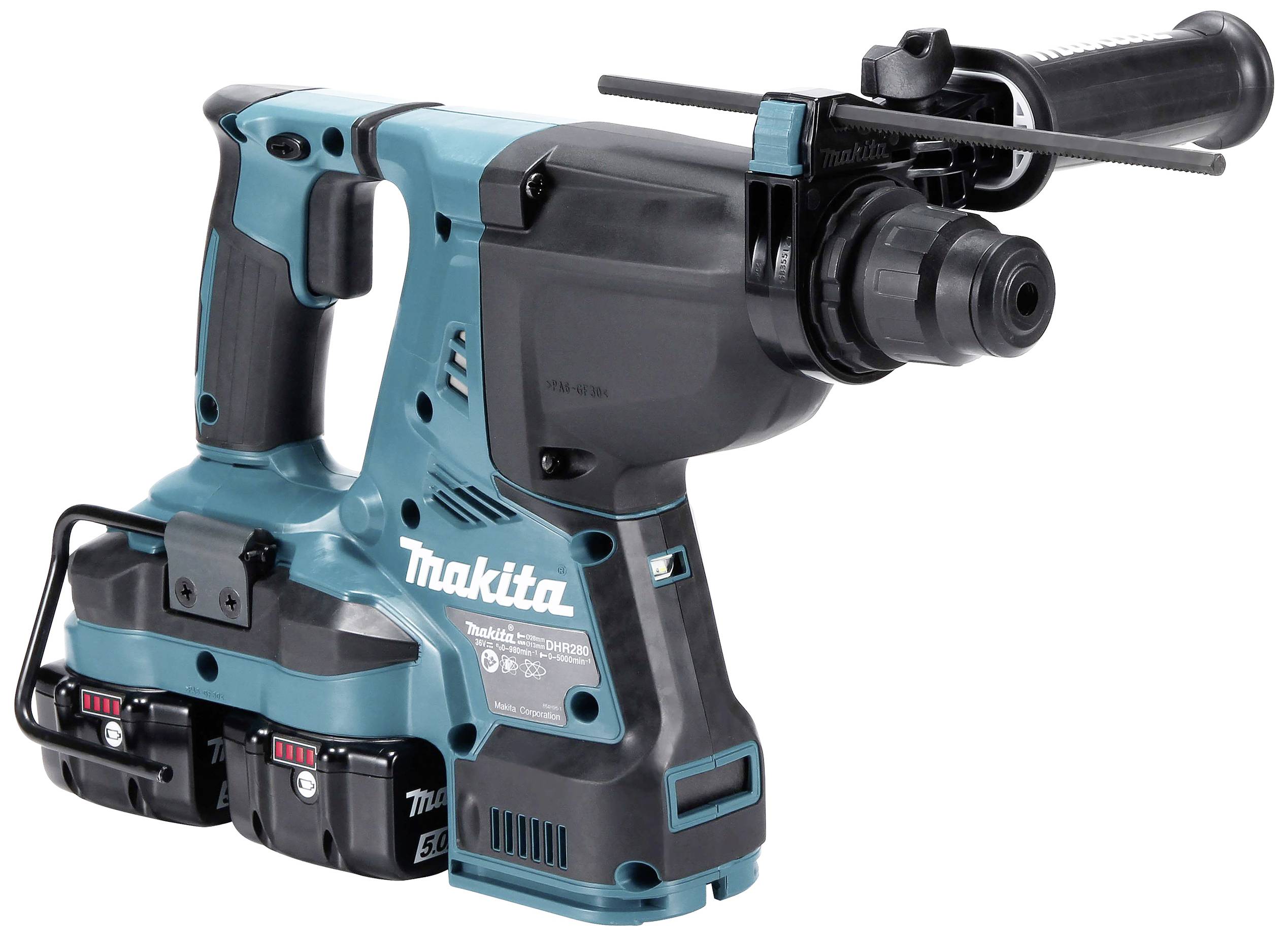 Un martello perforatore cordless con impugnatura ergonomica e due batterie. Adatto per lavori di perforazione pesanti in calcestruzzo e muratura.