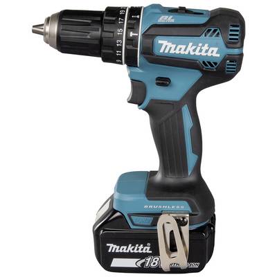 Un trapano avvitatore Makita blu, alimentato a batteria, con motore brushless e batteria al litio da 18V.