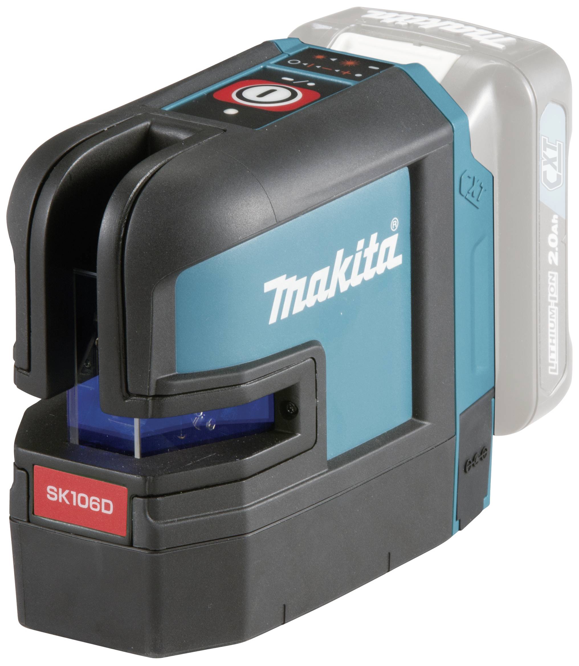 Un telemetro laser blu-nero del marchio Makita con una finestra laser visibile davanti e un vano batterie sul retro.