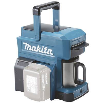 Macchina da caffè blu Makita a batteria con caraffa removibile in acciaio inossidabile e manico di trasporto.