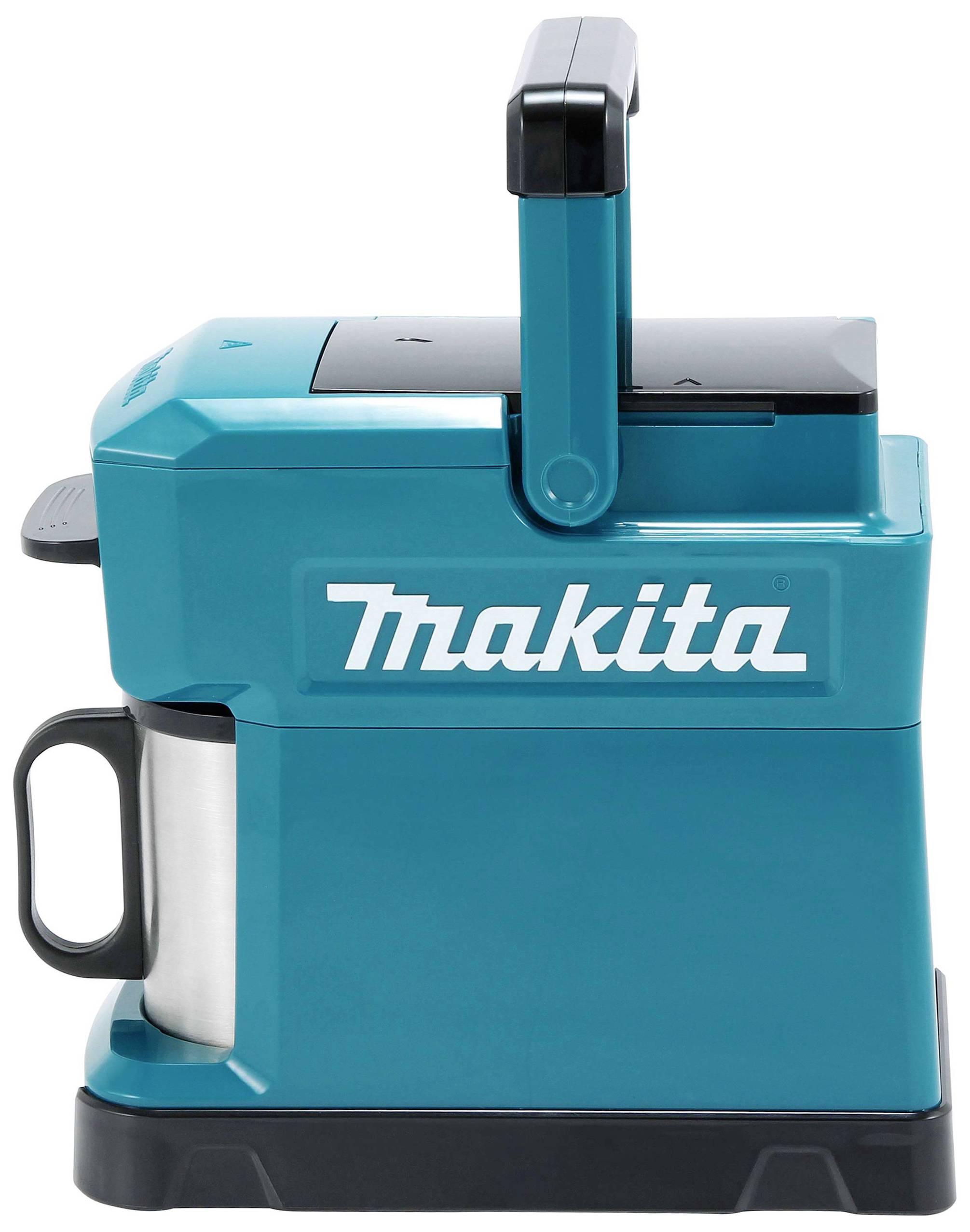 Macchina da caffè compatta, blu, con manico laterale, coperchio superiore, con il nome del marchio 'Makita' in bianco sulla parte anteriore.