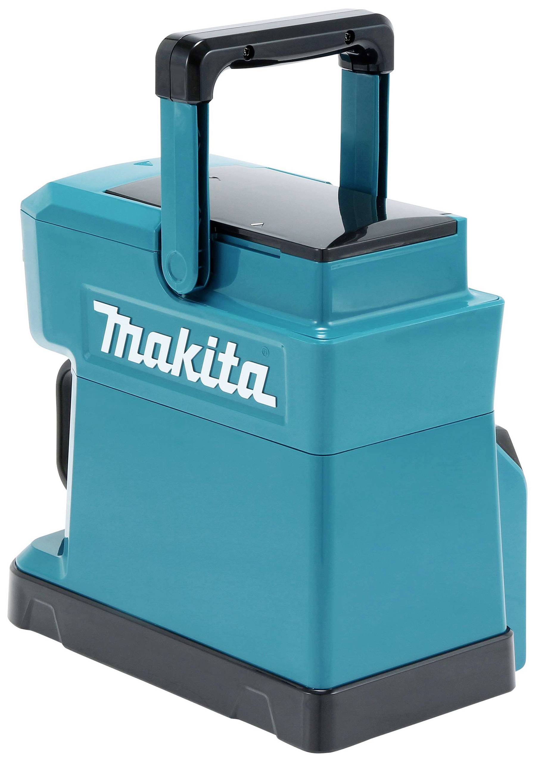 Macchina da caffè portatile Makita a batteria, blu e nera, con manico pieghevole, ideale per gustare un caffè sul posto di lavoro durante i cantieri.