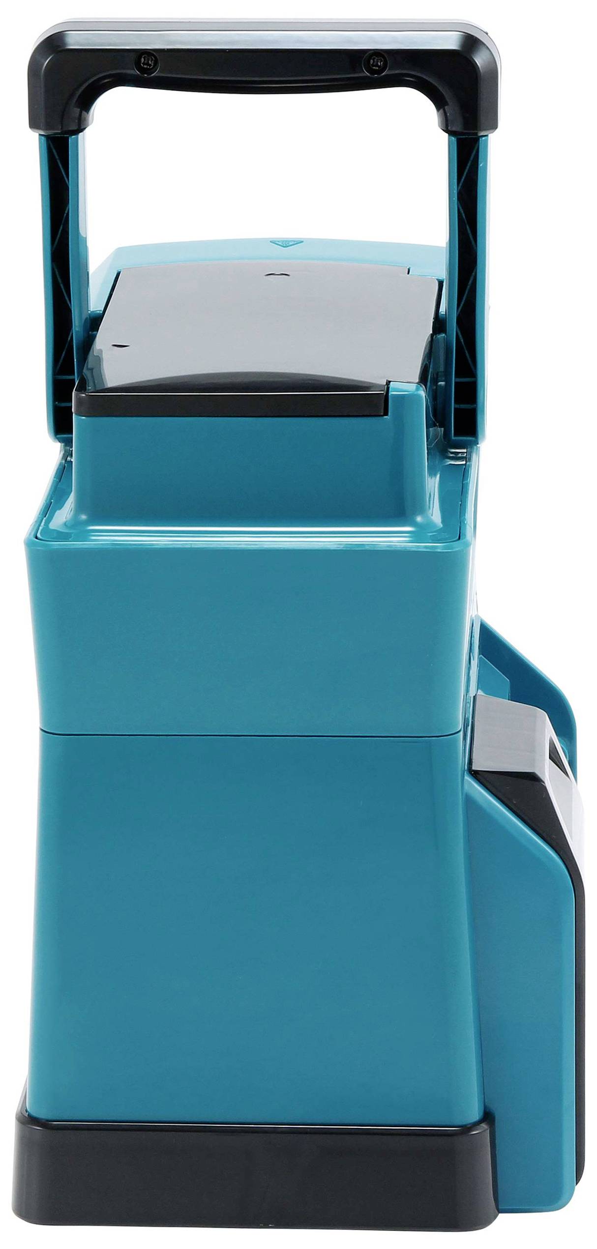 Un dispositivo blu portatile con un manico, probabilmente un dispositivo per la pulizia o una macchina. Sono visibili le viste laterale e dall'alto.