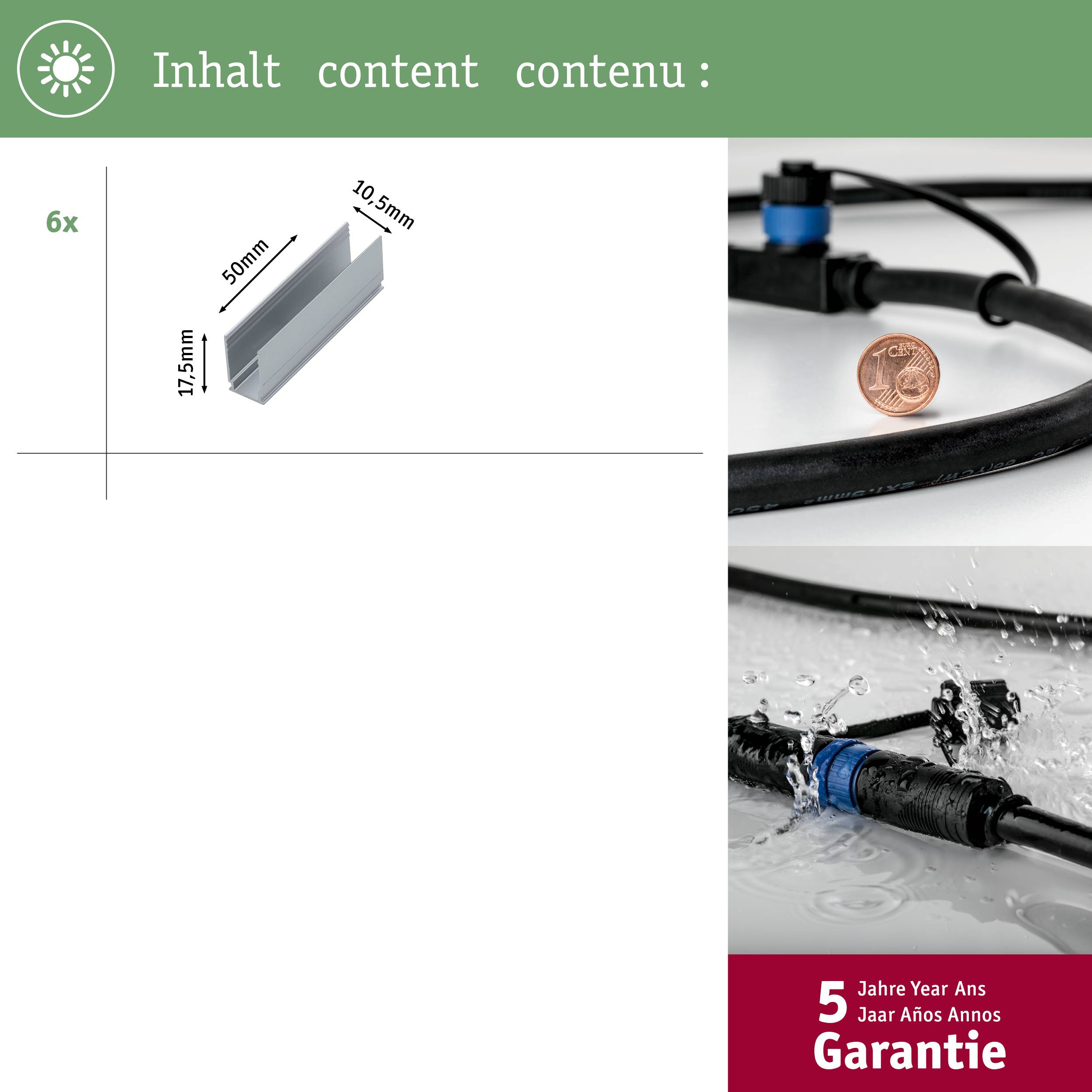'Contenuto' in più lingue, piccolo pezzo metallico (50 mm), sei pezzi. L'immagine mostra un collegamento di cavi, garanzia di 5 anni in basso a destra.