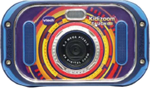 Fotocamera per bambini dal design colorato del marchio 'Vtech', con obiettivo al centro. Ha una superficie robusta e tasti di grandi dimensioni.