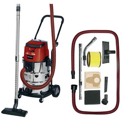 Aspirapolvere aspiraliquidi con involucro rosso e accessori come tubi, filtri e ugelli. Adatto a diverse attività di pulizia.
