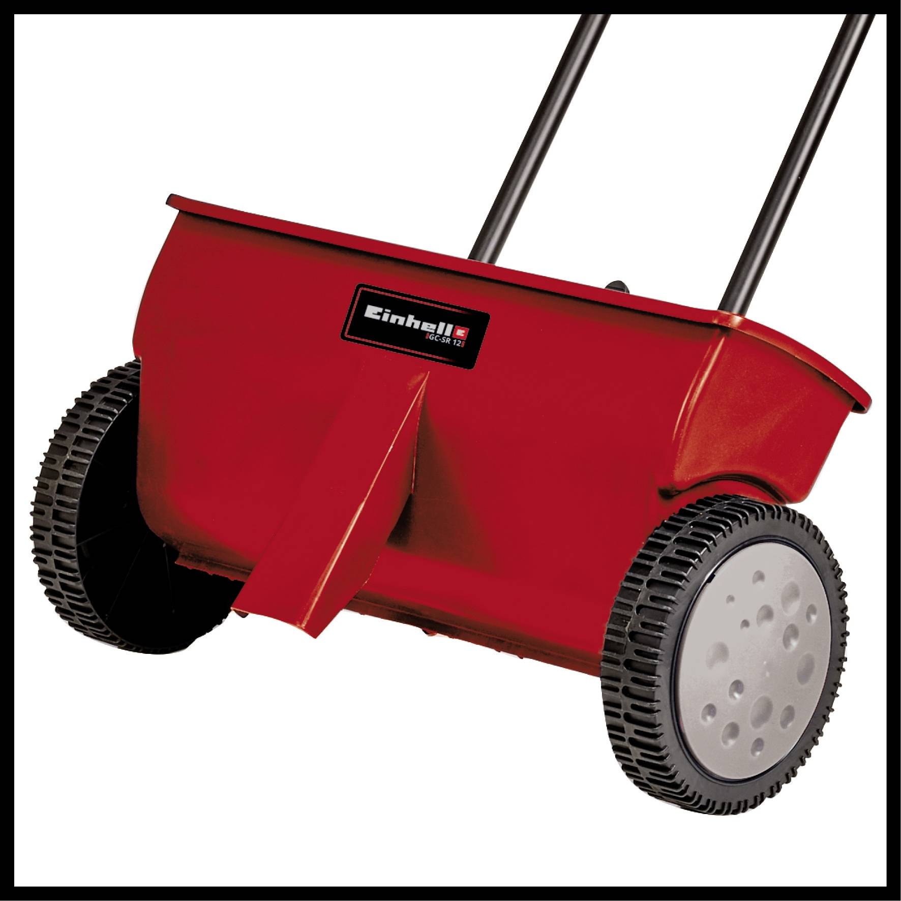Un carrello spargitore rosso con manico nero, grandi ruote e il logo 'Einhell'. Adatto per la distribuzione di semi o fertilizzanti.