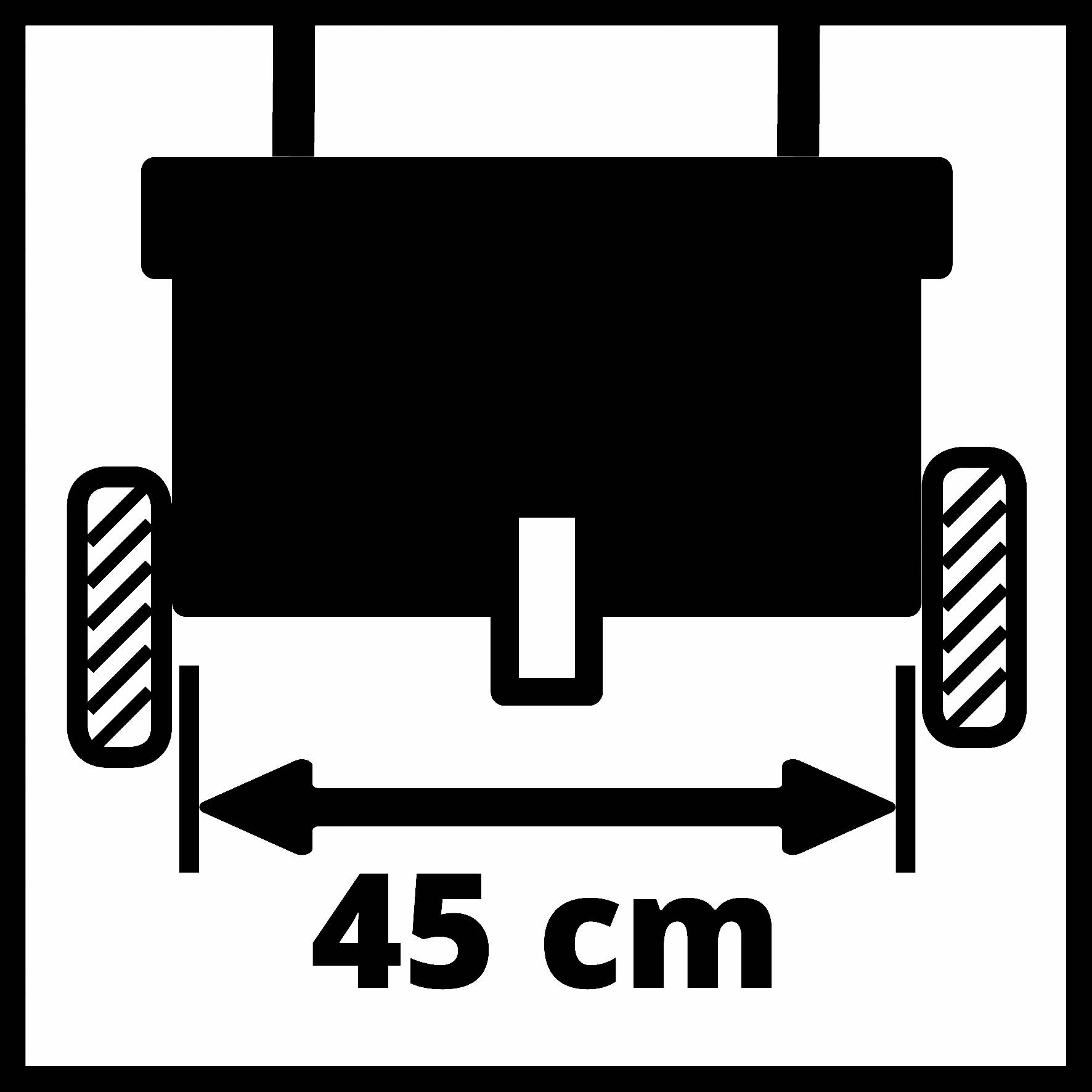 Diagramma di una sedia a rotelle in un ascensore che mostra la larghezza raccomandata di 45 cm tra le porte per garantire l'accessibilità.