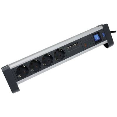 Una multipresa argento-nero con quattro prese elettriche, due porte USB e un interruttore on-off blu.