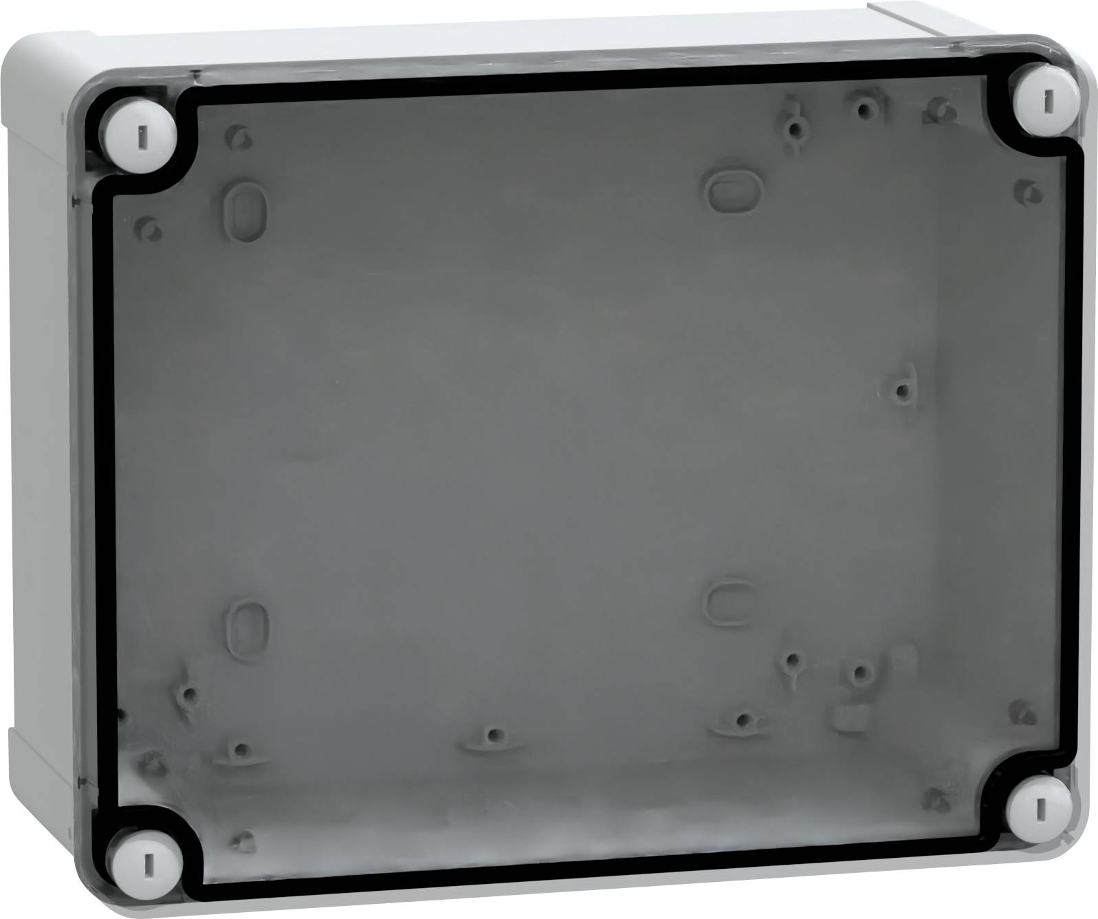 Un involucro rettangolare vuoto in plastica, aperto con fori visibili per le viti di fissaggio, idoneo per alloggiare componenti elettronici.