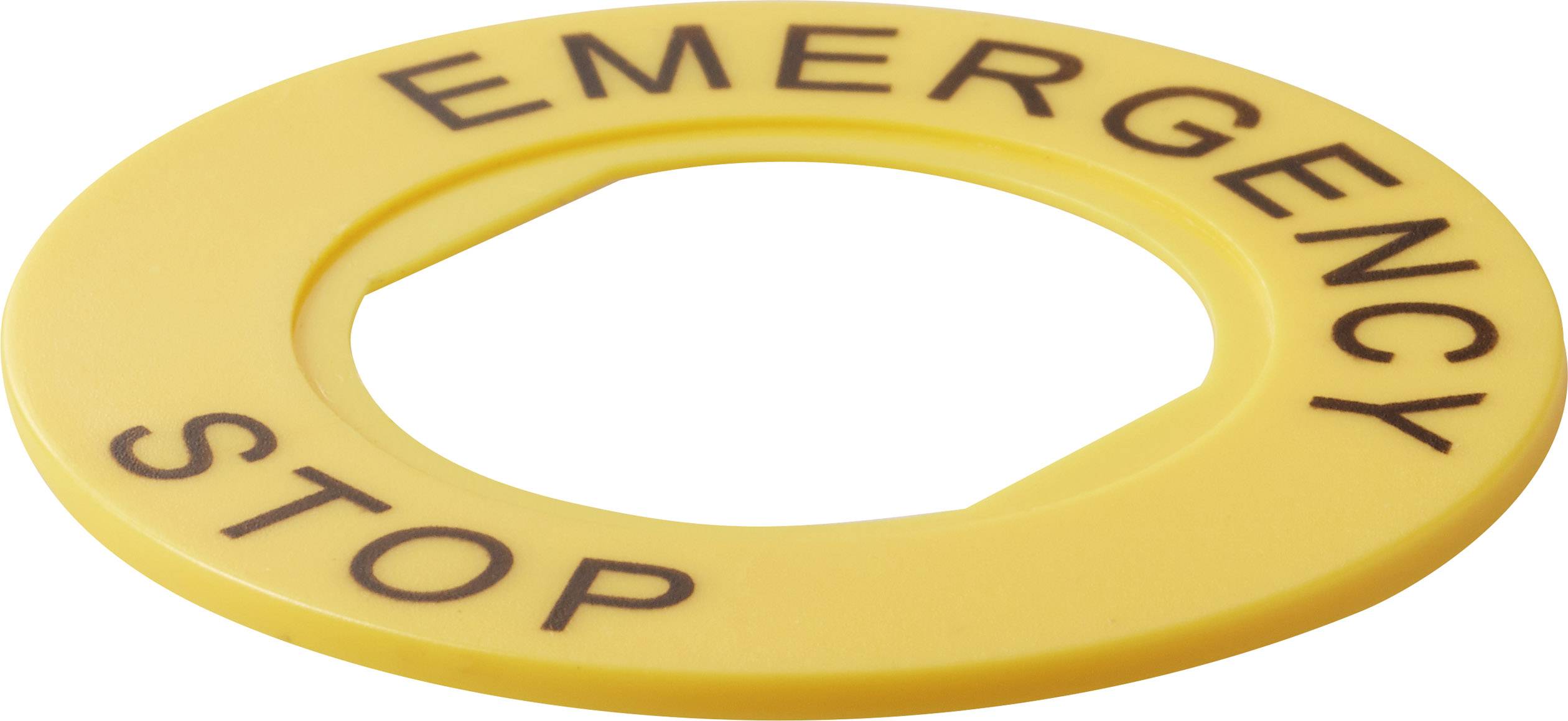 Pulsante di emergenza giallo, rotondo, con scritta scura, per l'arresto immediato di macchine o dispositivi.