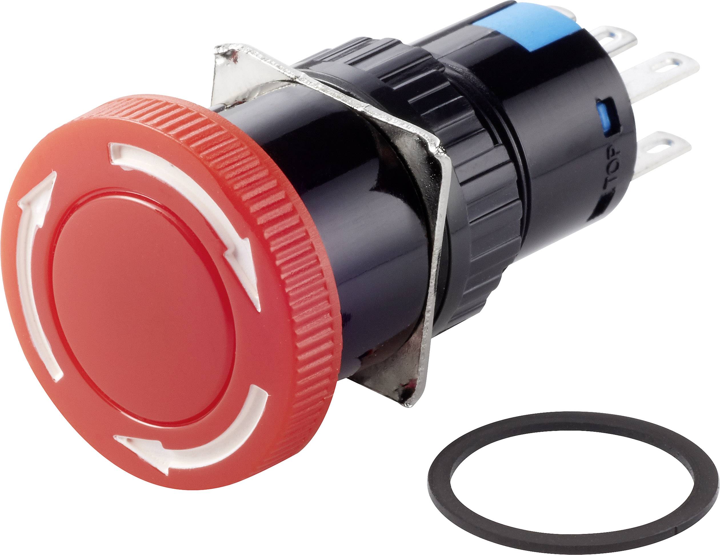 Un interruttore di sicurezza rosso con simboli di frecce per funzioni di emergenza e un anello di tenuta nero sciolto.