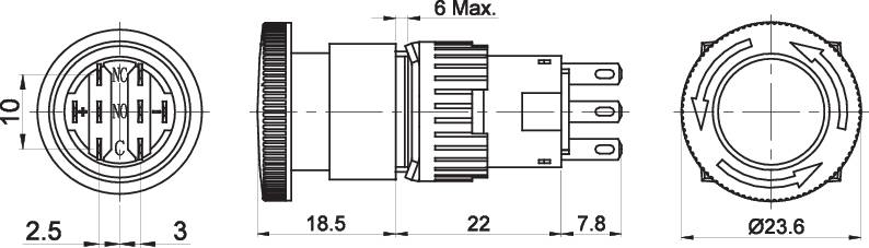 Disegno tecnico di una spina con misure: diametro 10,5 mm, lunghezza totale 72 mm. Viste dettagliate e indicazioni dei componenti.