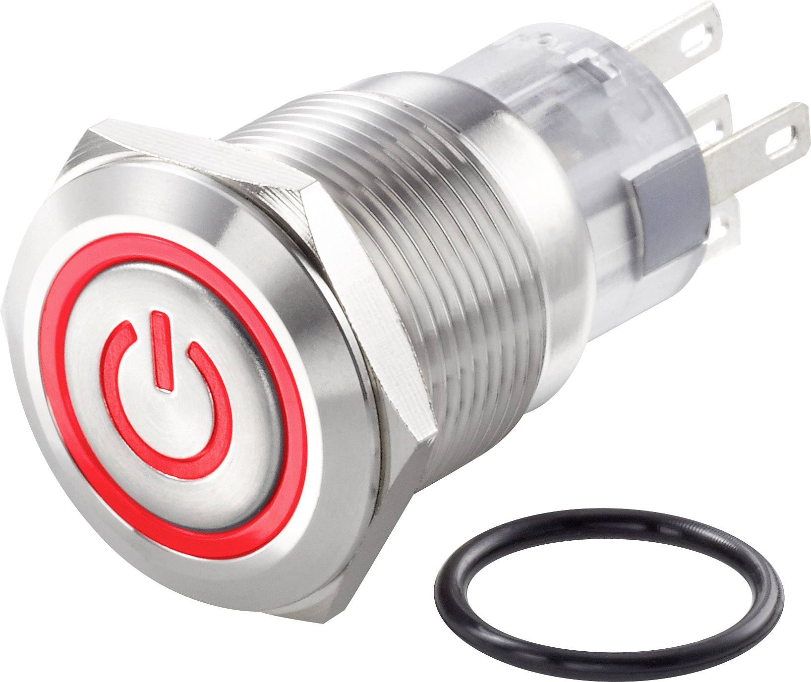 Interruttore metallico con simbolo rosso di accensione/spegnimento, orizzontale, con accanto un anello di tenuta nero. Adatto per dispositivi elettronici.