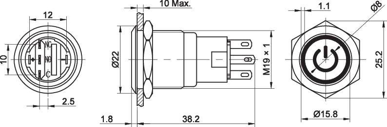 Disegno tecnico di un interruttore rotondo di rete con dimensioni. Mostra la vista frontale, laterale e superiore con misure dettagliate.