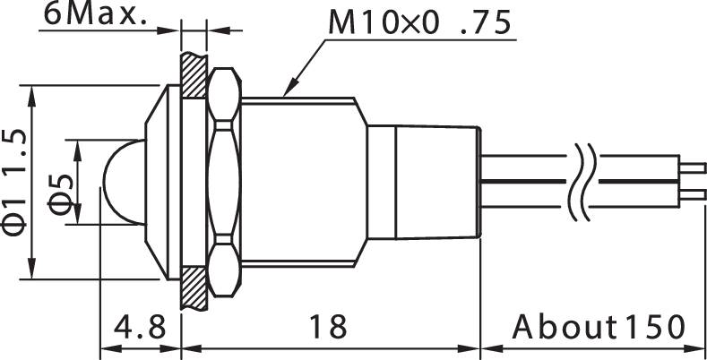 Disegno tecnico di un interruttore elettrico con dimensioni: diametro 10,5 mm, lunghezza 18 mm, filettatura M10 x 0,75, uscita cavo circa 150 mm.
