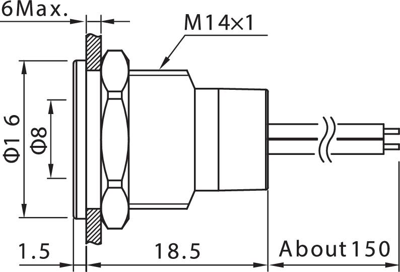 Disegno tecnico di un connettore cilindrico con dimensioni: diametro 16 mm, lunghezza totale ca. 150 mm, filettatura M14x1.