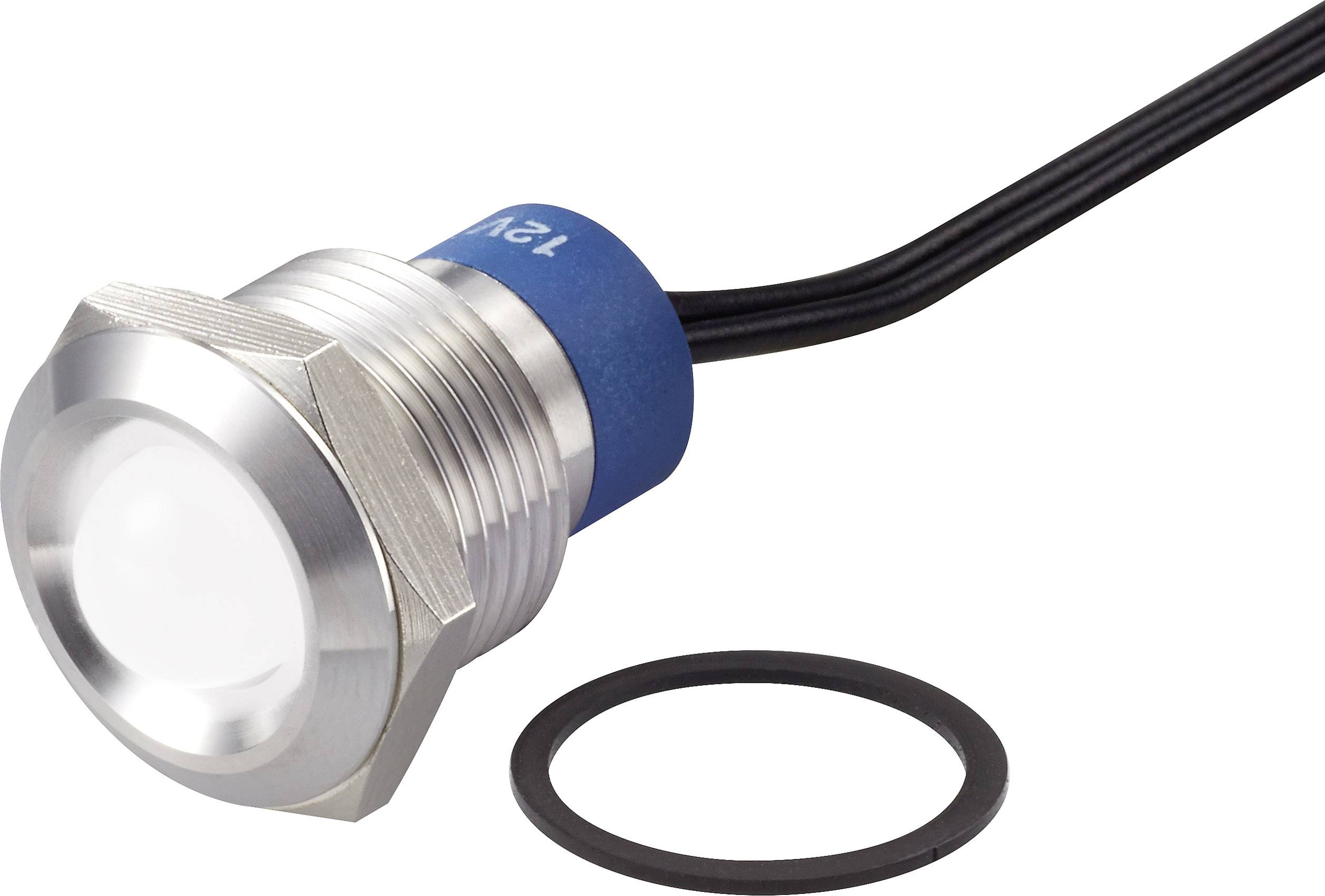 Pulsante in metallo con involucro blu e cavo, con accanto un anello di tenuta nero.