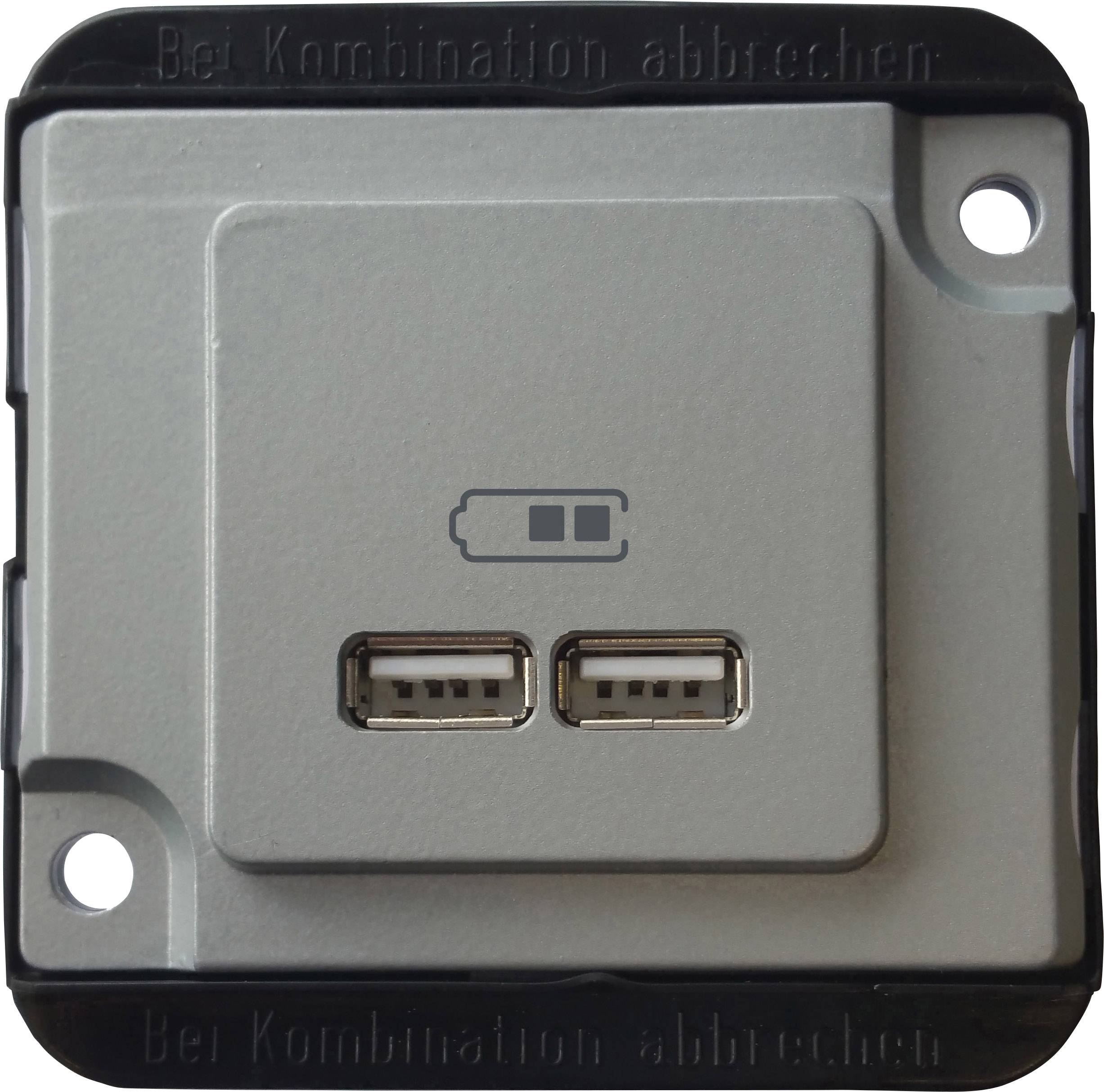 Coperchio del caricabatterie con due porte USB, con indicatore di carica della batteria sopra.