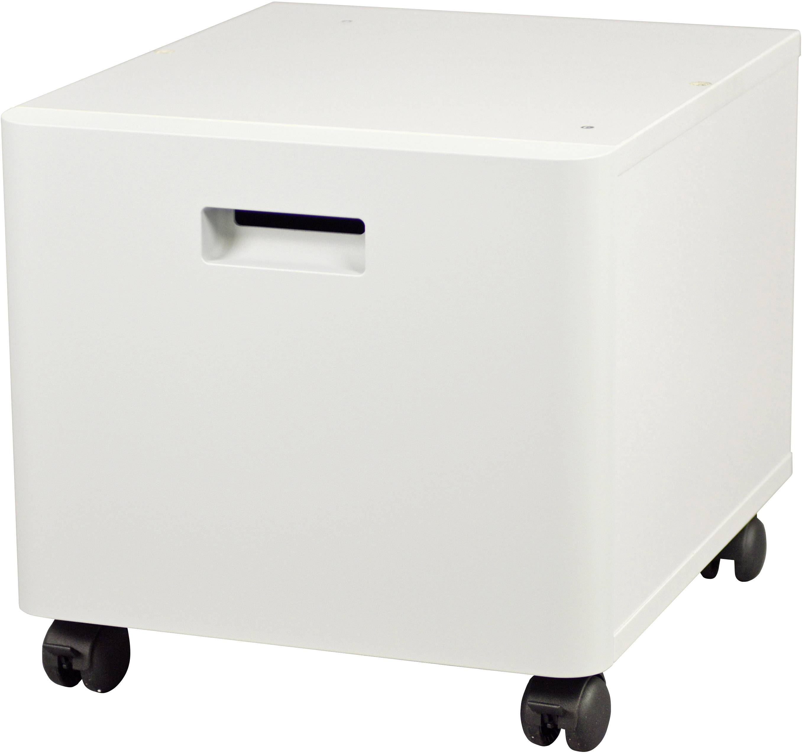 Contenitore mobile bianco, quadrato, con manico integrato e montato su quattro ruote. Ideale come spazio di archiviazione mobile per ufficio o casa.