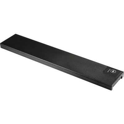 Un battery nero e rettangolare per laptop, in una vista prospettica, con un marchio e una fessura di ventilazione visibili.