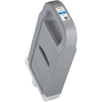 Cartuccia di inchiostro grigia per stampante con indicatore di colore blu e codice QR. L'etichetta riporta 'Canon PFI-170C'.