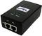 Adattatore Power over Ethernet (PoE) nero con due spie di stato blu, connessioni LAN e POE e pulsante di reset.