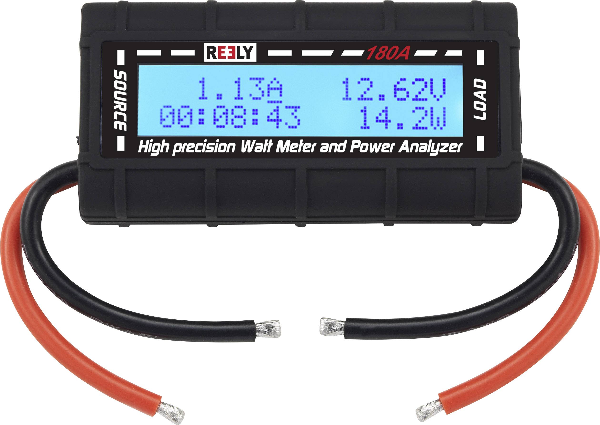 Un misuratore digitale di watt mostra '1,13A', '12,62V', '00:08:43' e '14,2W' su un display blu con due cavi collegati.