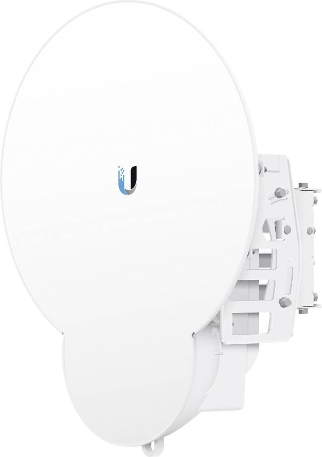 Antenna parabolica di colore bianco, montata su un supporto, idonea per applicazioni di comunicazione wireless.