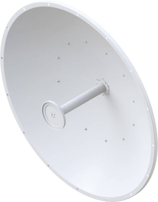 Un'antenna parabolica bianca con un'asta cilindrica al centro, probabilmente per comunicazioni satellitari o ricezione radio.