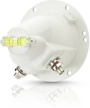 Dispositivo tecnico bianco e rotondo con connessioni per cavi e livella integrata sulla parte superiore, probabilmente destinato a scopi di installazione.