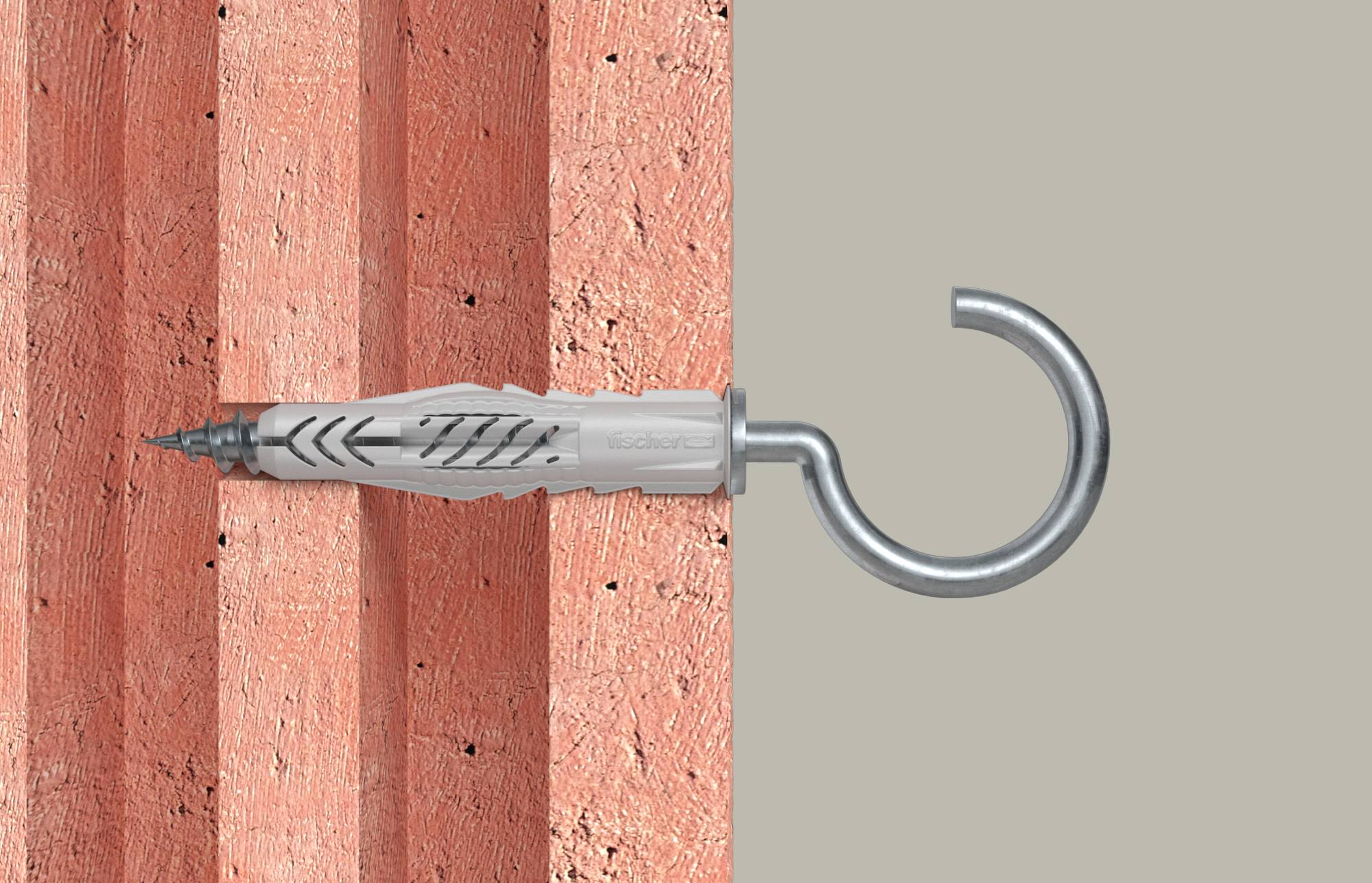 Ancora metallica da muro con un gancio a vite inserito in una tavola di legno, che mostra come fissa gli oggetti a una parete cava o a un pannello.