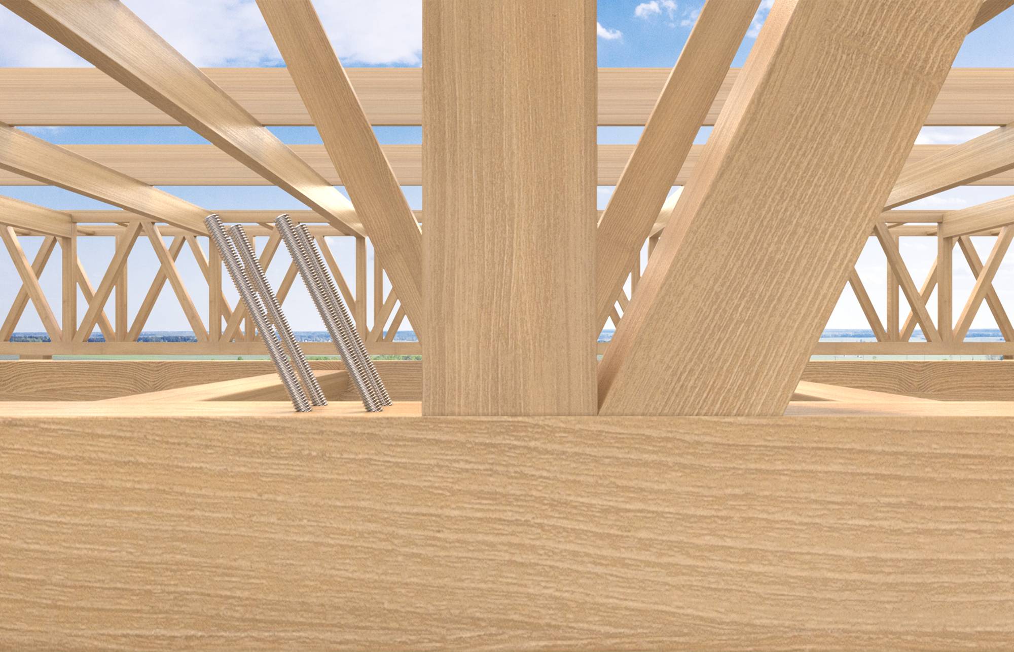 Dettaglio ravvicinato della struttura di capriate in legno con travi di supporto diagonali in fase di costruzione contro un cielo blu.