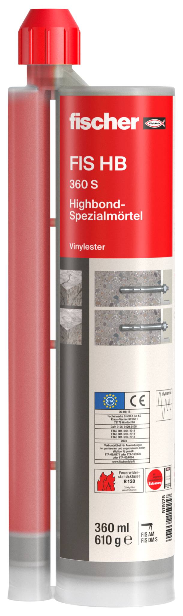 Una cartuccia di malta speciale a elevata aderenza fischer FIS HB 360 S, rossa e grigia, 360 ml, mostrata con un ugello di miscelazione.