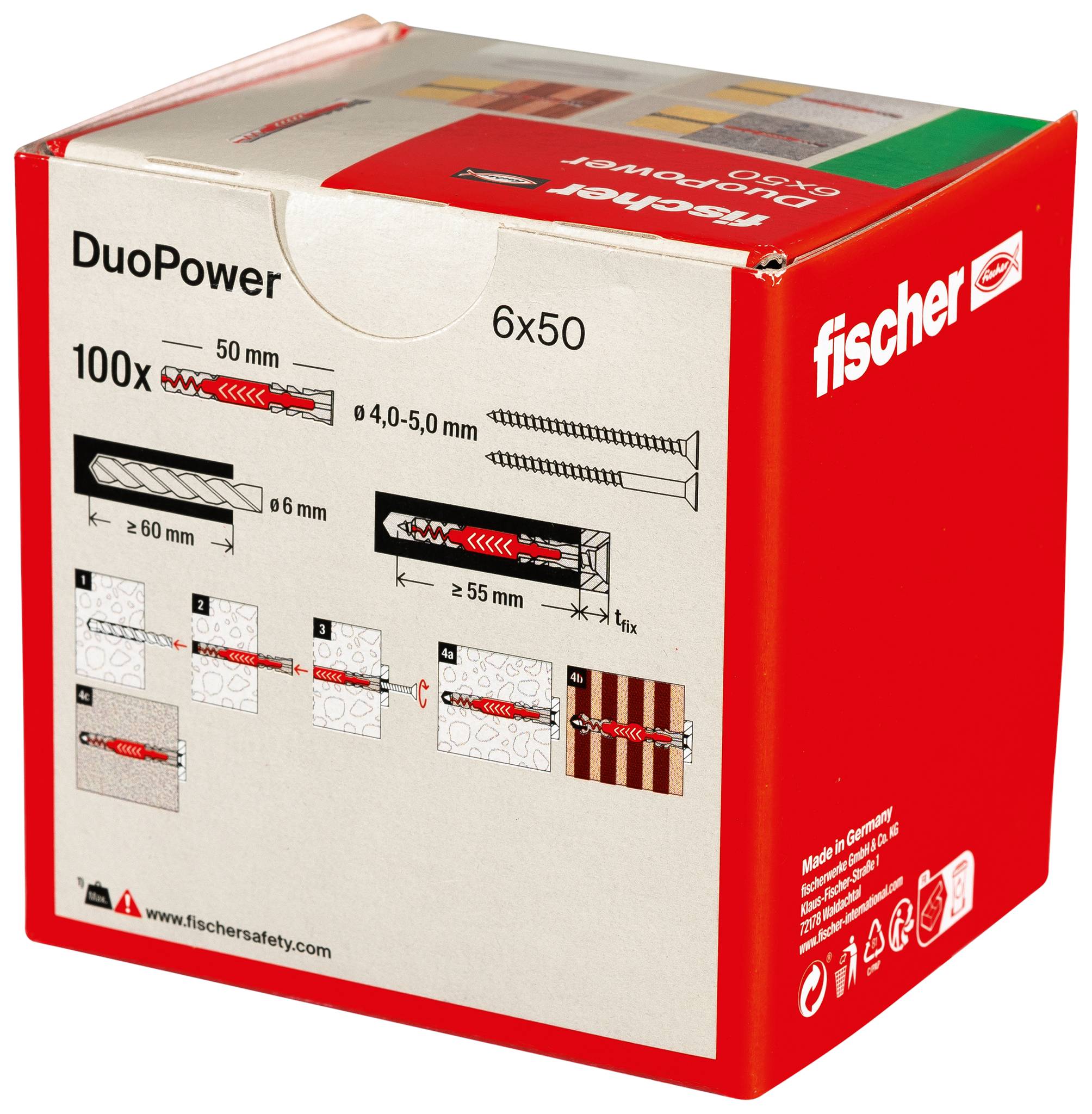 Scatola Fischer DuoPower rossa e bianca per tasselli da 6x50, con diagrammi di installazione e specifiche del prodotto.